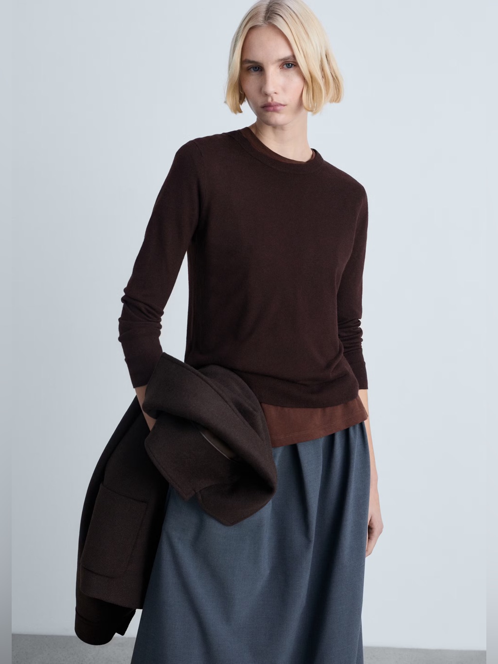 Mango Dark Brown Wool-Blend Round Neck Sweater Nwt